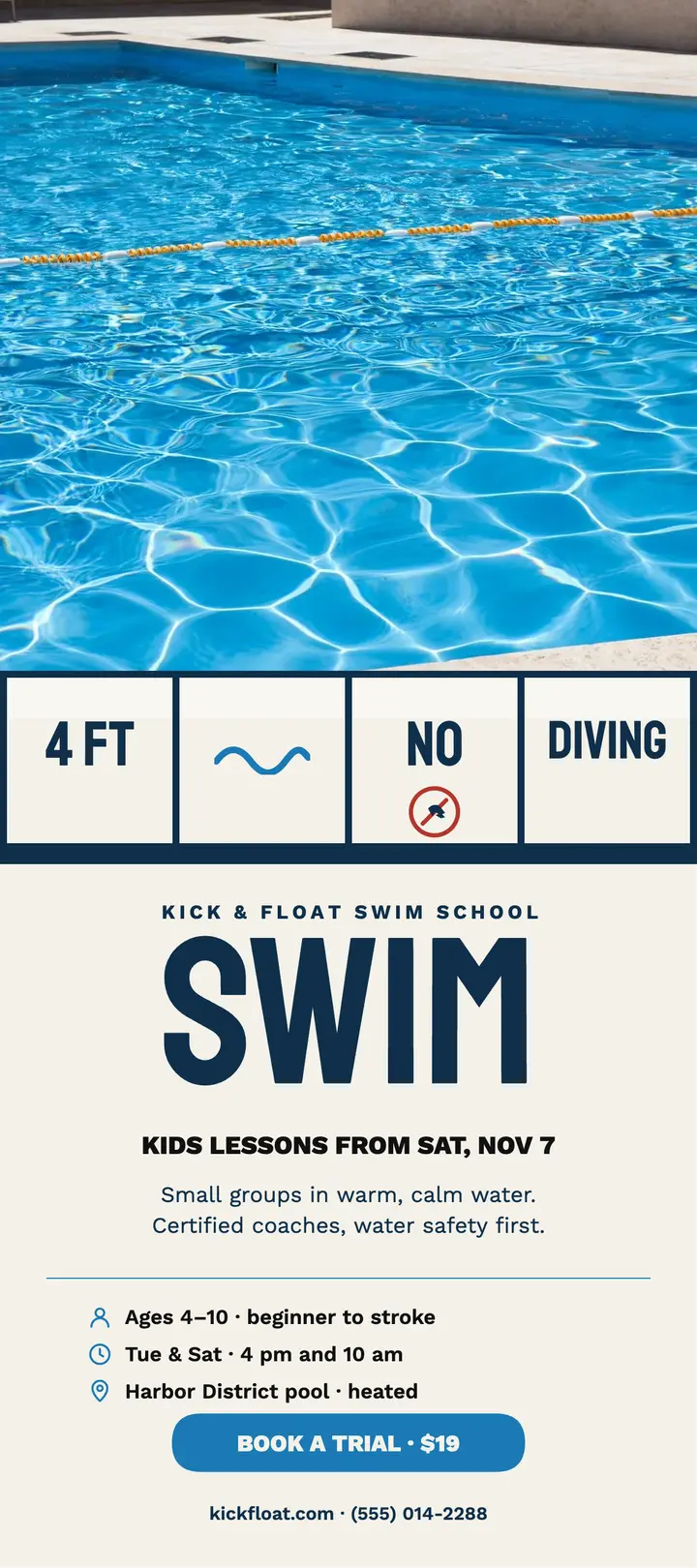 Kick and Float swim lessons rack card template