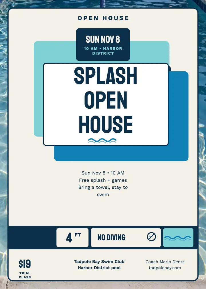 Tadpole Bay swim open house tile invitation: swim school open house invitation template