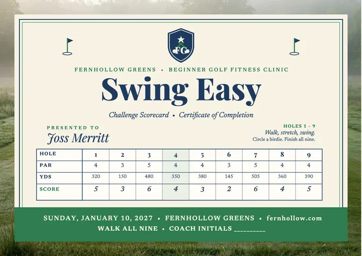 Swing Easy golf fitness clinic certificate template
