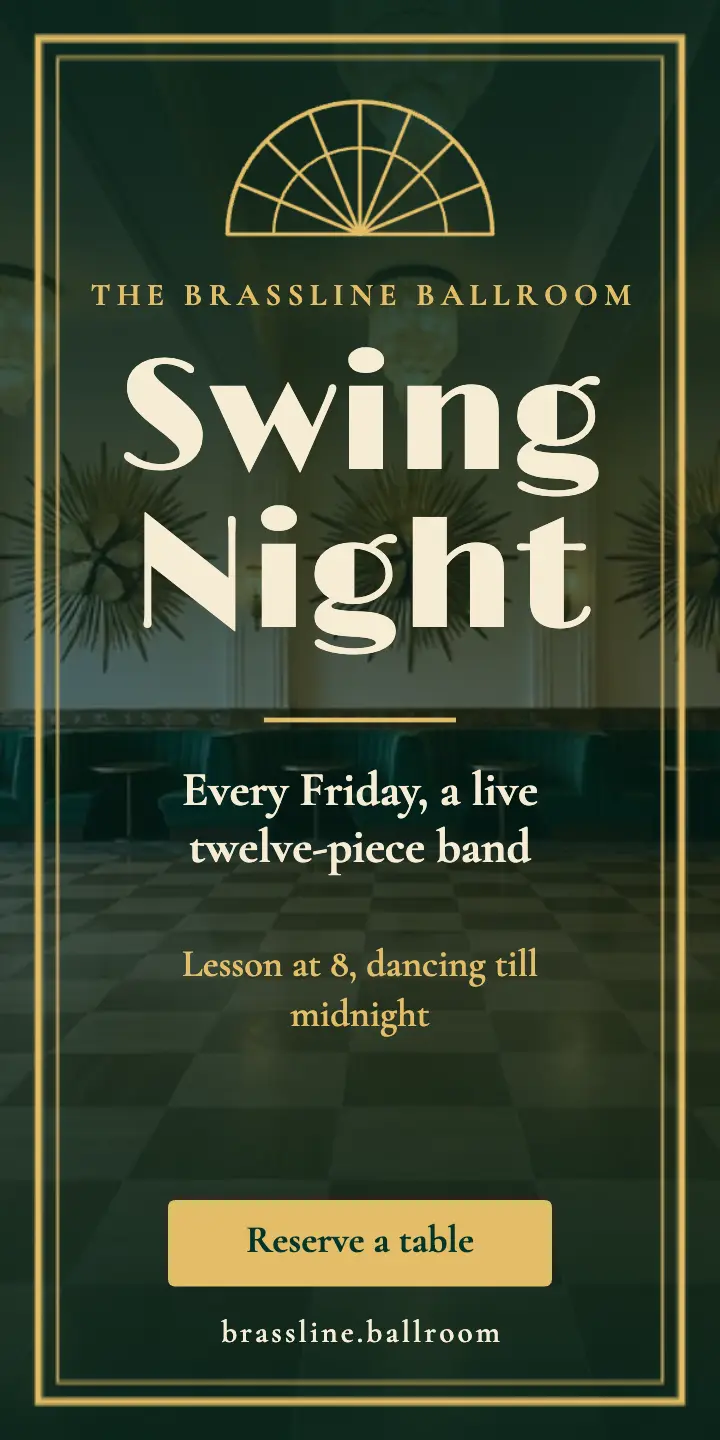 Brassline Ballroom swing night, neo deco half-page ad template