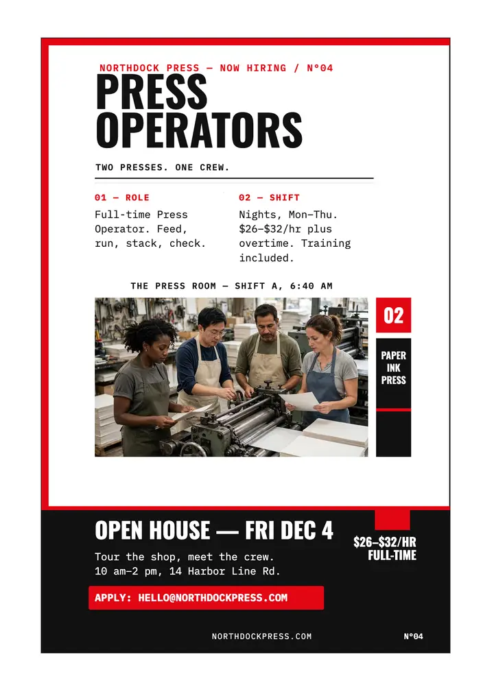 Northdock Press operators hiring flyer template