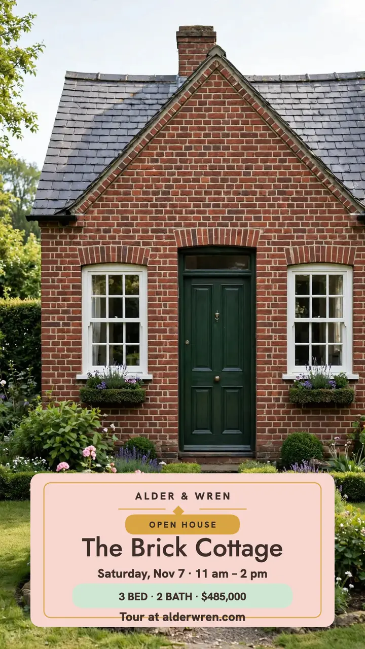 Symmetric brick cottage open house story template