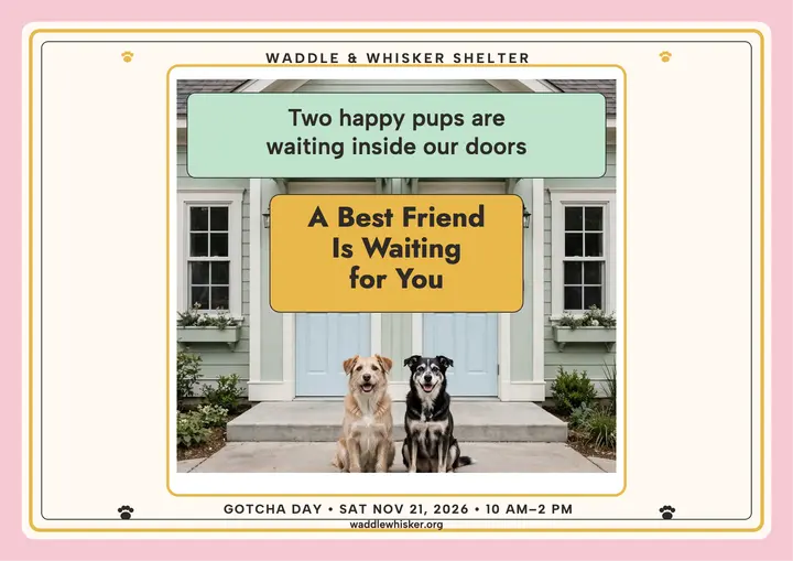 Waddle and Whisker symmetric adoption poster: pet adoption poster template