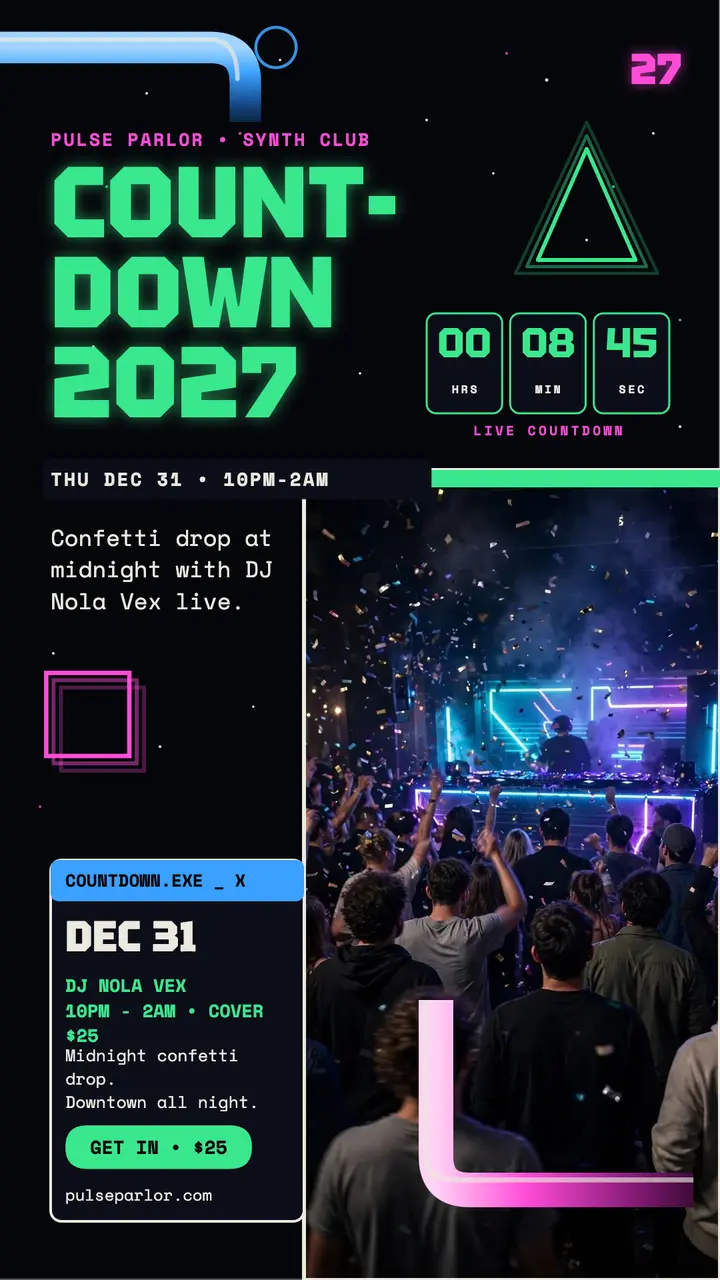 Pulse Parlor synth countdown screensaver story template