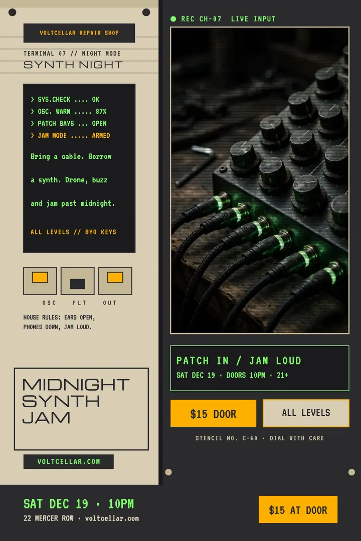 Voltcellar midnight synth jam poster template