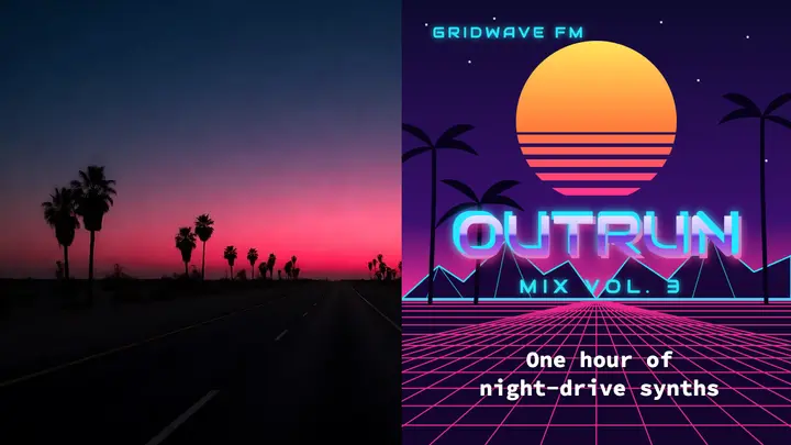 Synthwave night-drive mix thumbnail, outrun template