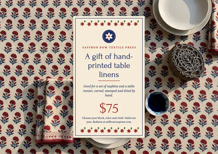 Saffron Row Textile Press linens gift certificate: table linens gift certificate template