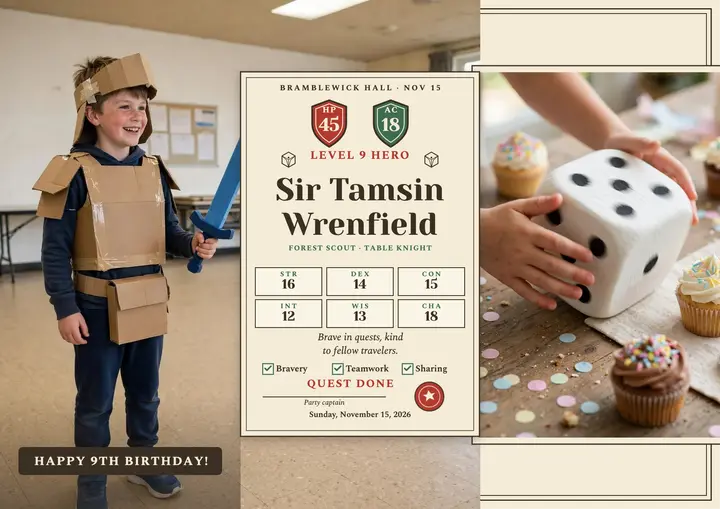 Knight birthday character certificate, age 9 template