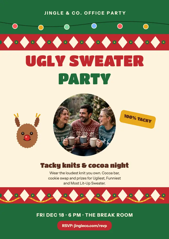 Jingle office ugly sweater party flyer template