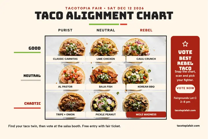 Tacotopia taco alignment chart postcard template