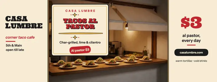Casa Lumbre taco cover, painted sign: taco cafe facebook cover template