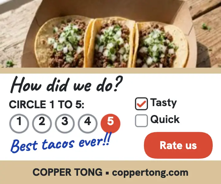Copper Tong taco comment card ad: taco review ad template