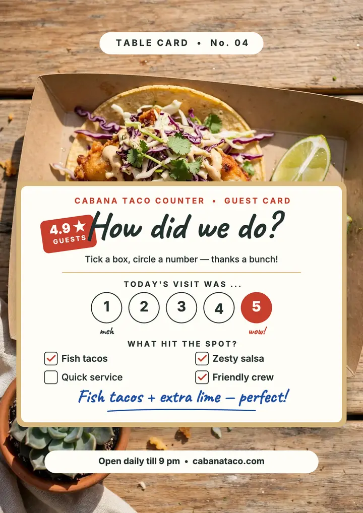 Cabana taco guest comment card flyer template