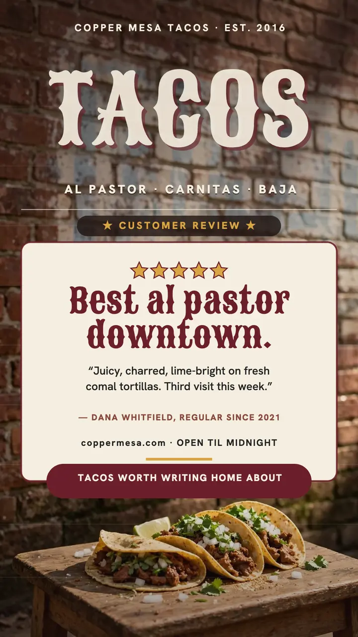 Copper Mesa taco review ghost sign story template