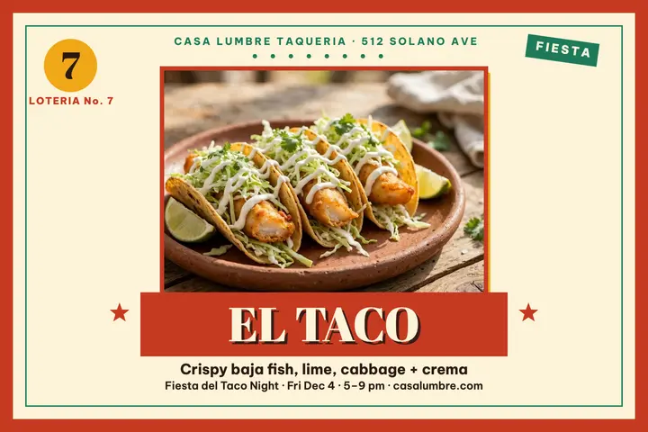 Casa Lumbre taco loteria fiesta postcard: taco loteria card template