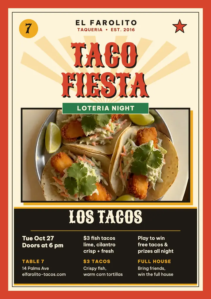 El Farolito taco loteria night flyer template