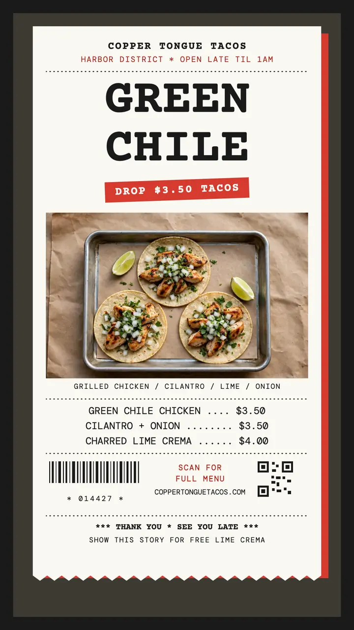 Copper Tongue Tacos receipt menu story template