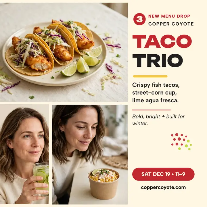 Copper Coyote taco trio menu drop template