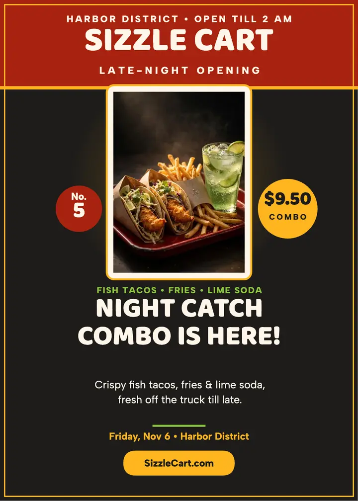 Sizzle Cart late-night combo opening invitation: taco truck invitation template