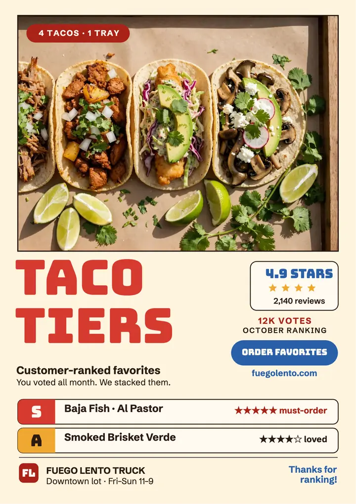 Fuego Lento taco tier favorites flyer template