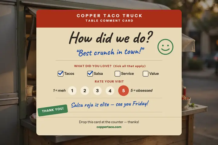 Copper Taco Truck review card template