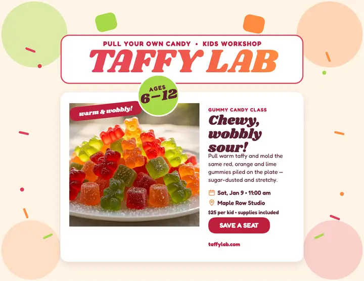 Taffy Lab gummy candy workshop flyer template