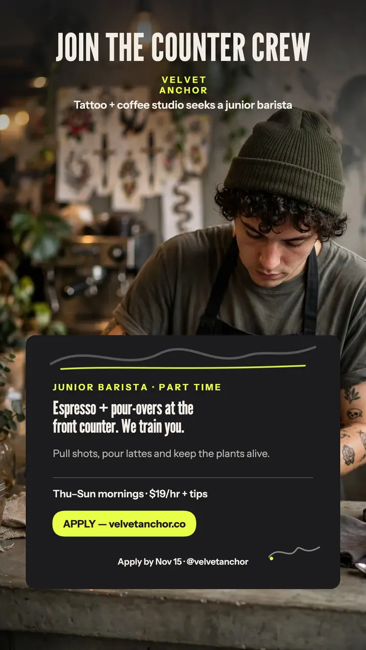 Velvet Anchor junior barista hiring story template