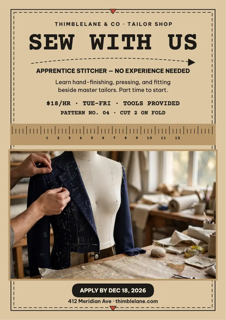 Thimblelane apprentice stitcher flyer: tailor hiring flyer template