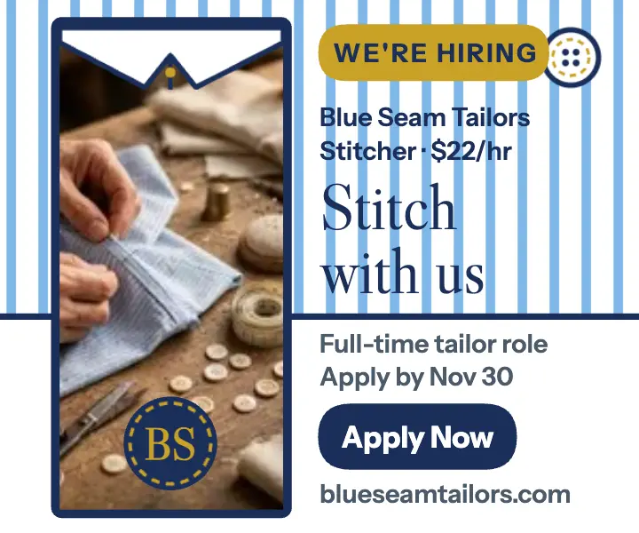 Blue Seam Tailors stitcher hiring ad: tailor hiring ad template