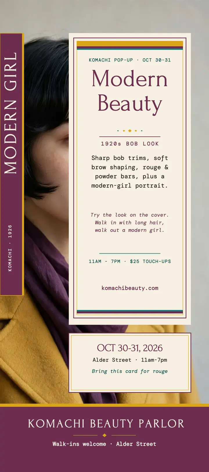 Komachi modern beauty pop-up rack card: beauty pop-up rack card template