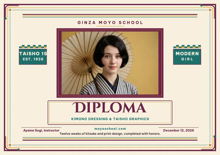 Ginza Moyo kimono workshop diploma template