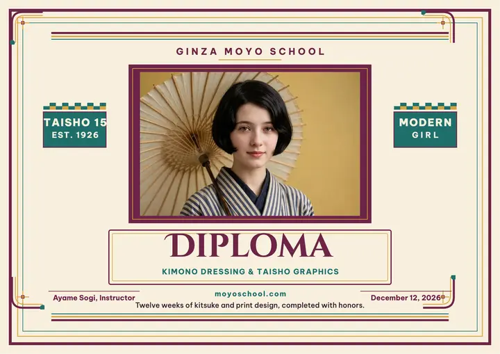 Ginza Moyo kimono workshop diploma template