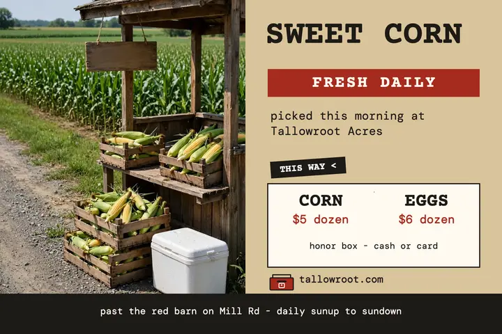 Tallowroot sweet corn stand postcard: corn stand postcard template