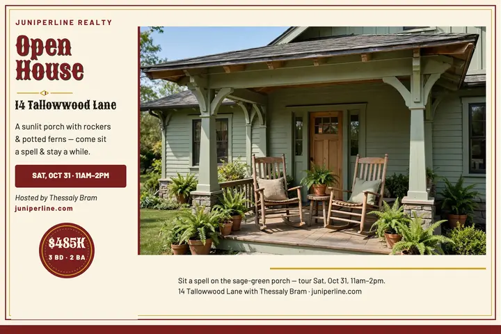 Tallowwood bungalow porch open house postcard template