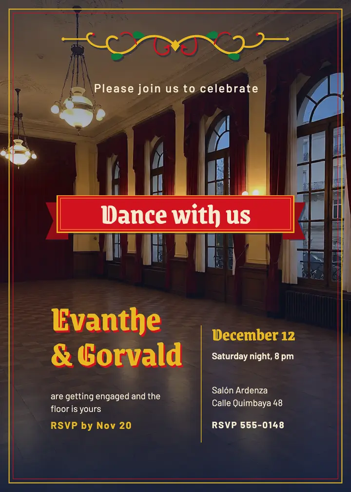 Evanthe and Gorvald tango hall engagement invitation template