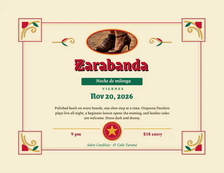 Zarabanda tango milonga night flyer, fileteado template