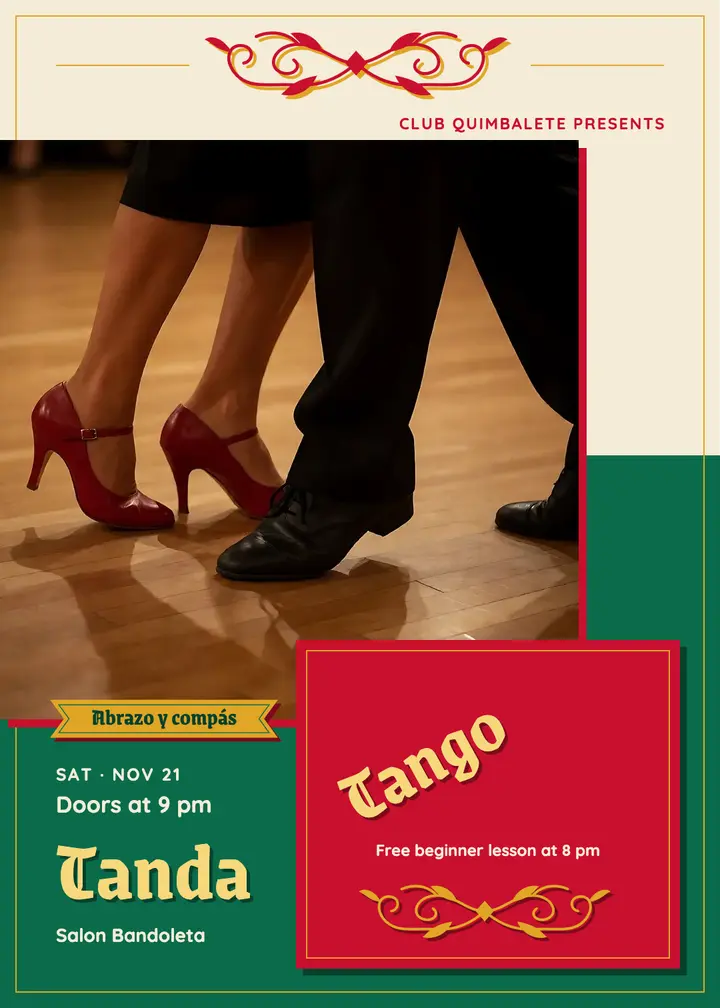 Tango milonga night invitation, fileteado template