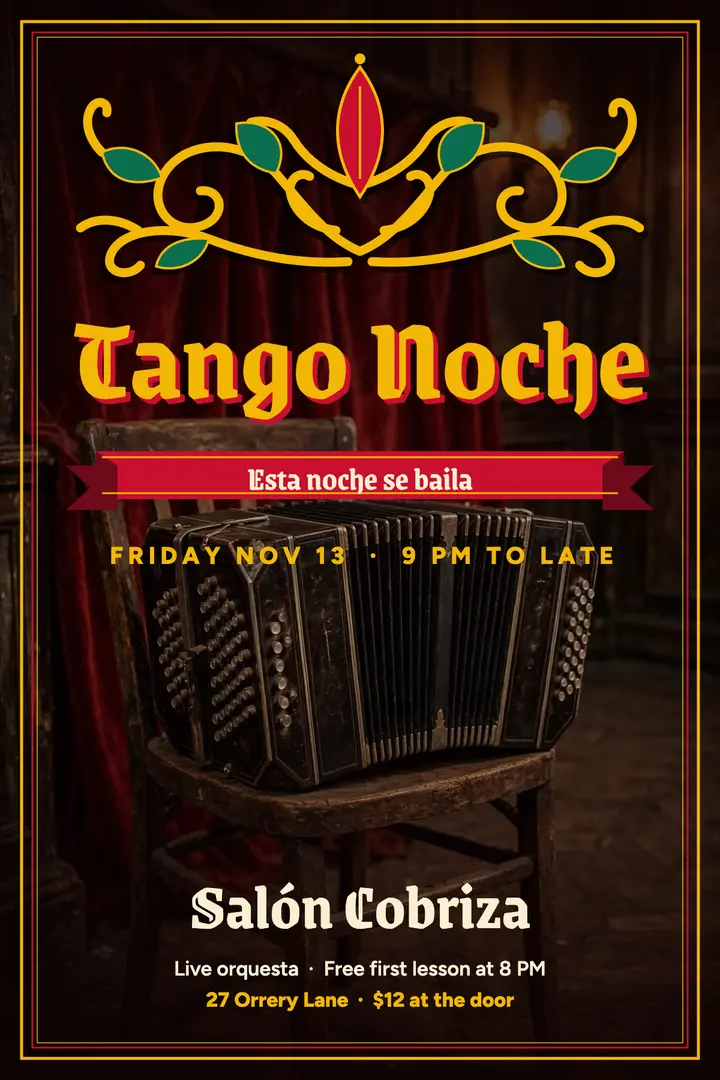 Salón Cobriza tango night poster template