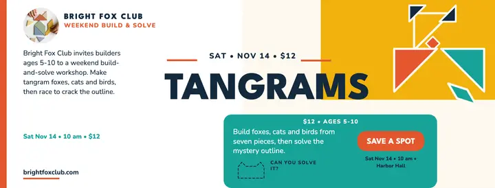 Tangram puzzle workshop cover, Bright Fox Club template