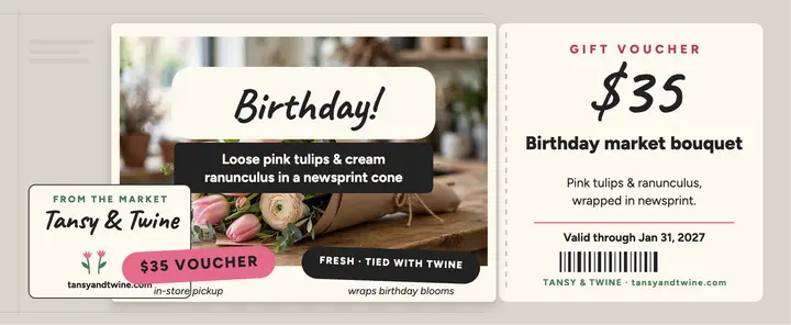 Tansy and Twine birthday bouquet voucher: birthday bouquet voucher template