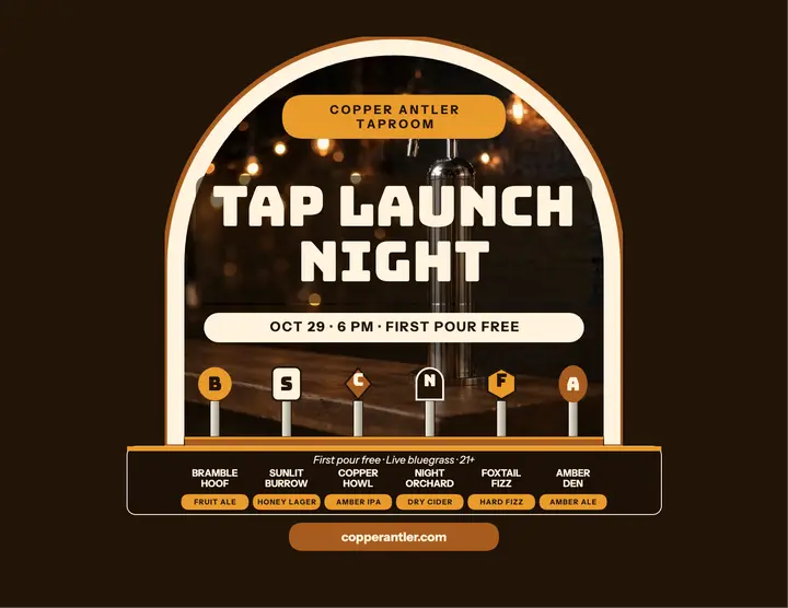 Copper Antler taproom launch night flyer: taproom launch flyer template