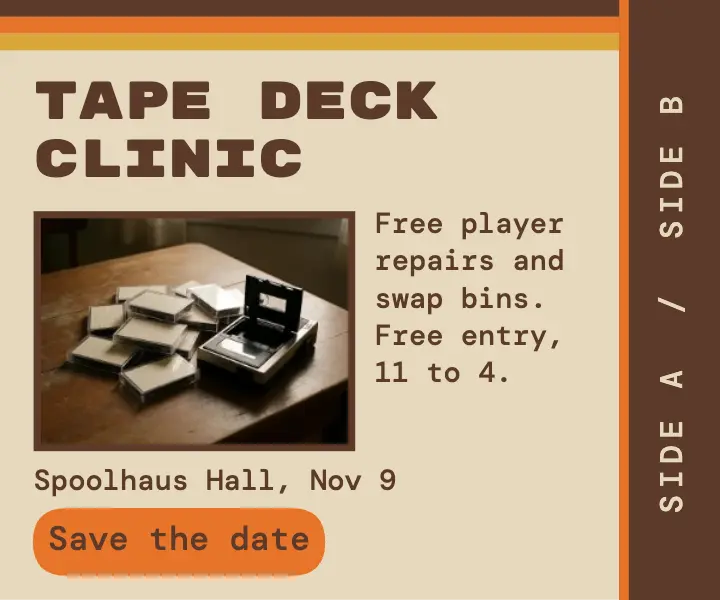 Cassette repair clinic display ad, J-card style template