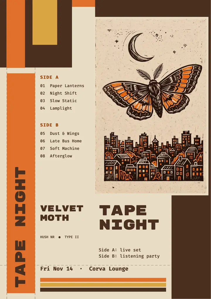 Velvetmoth tape night cassette flyer: tape release night flyer template