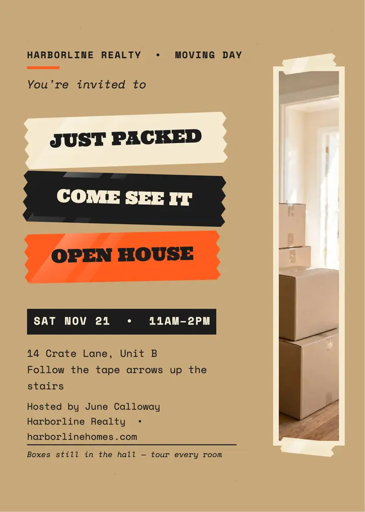 Taped boxes moving open house invitation: moving day open house invitation template