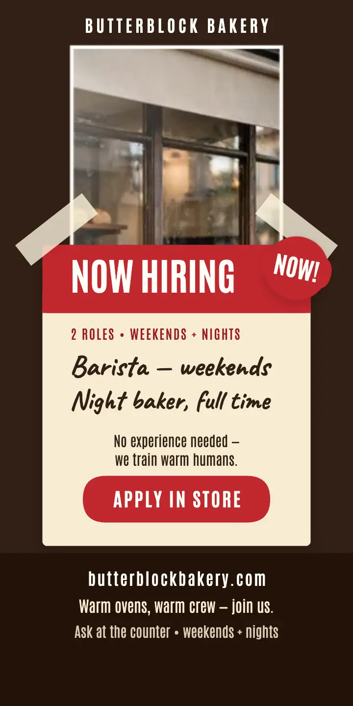 Butterblock Bakery hiring window card ad template
