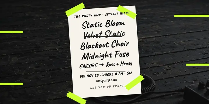 Rusty Amp taped setlist rock night post template