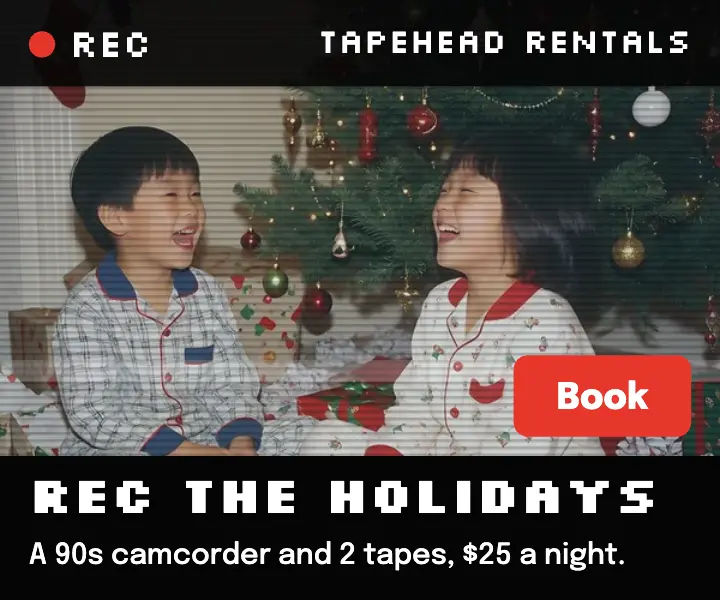 Tapehead Rentals holiday camcorder ad, camcorder tape template