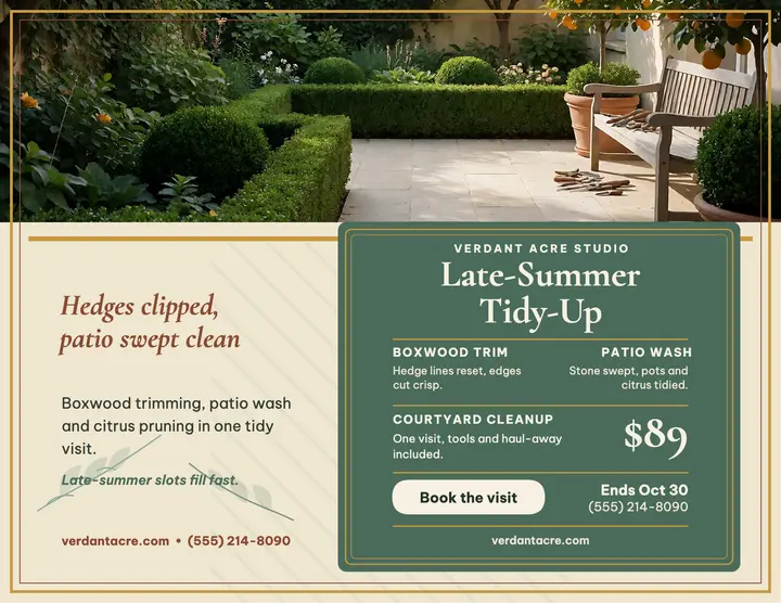 Verdant Acre late-summer cleanup flyer template