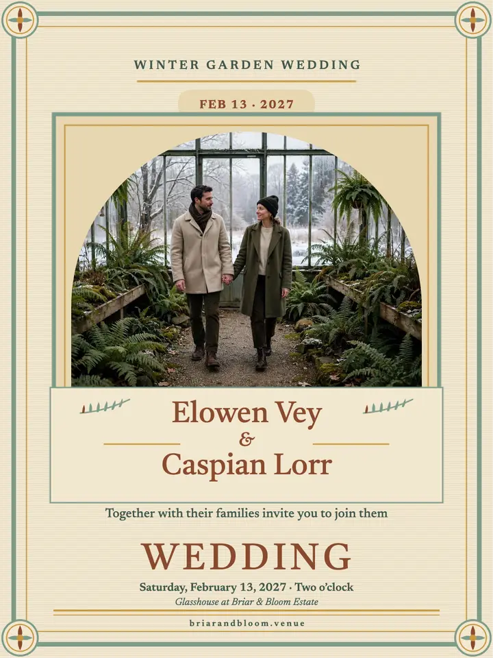 Greenhouse winter wedding invitation, tapestry template