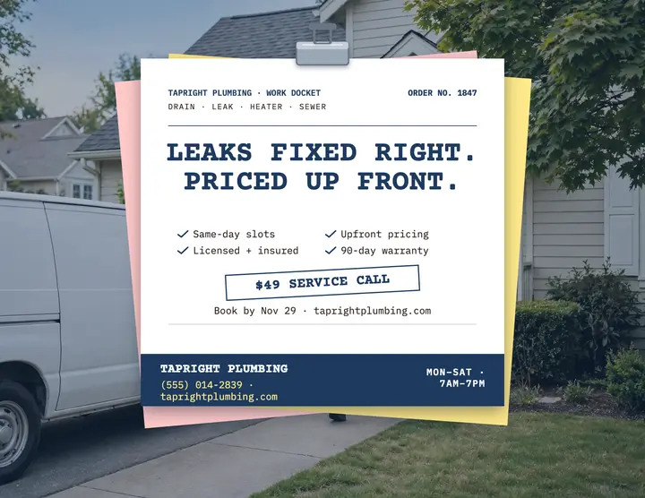Tapright Plumbing docket flyer: plumber promo flyer template